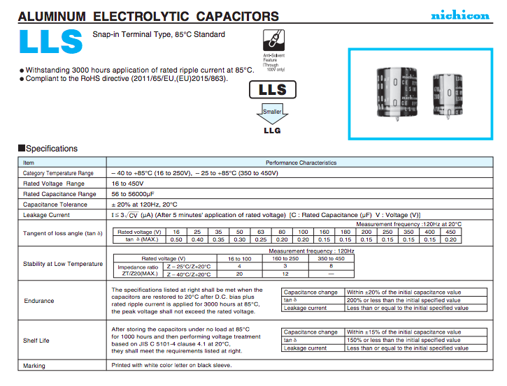 Nichicon Aluminium Electrolytic Capacitors LLS 6800uF 63V 85c Snap In