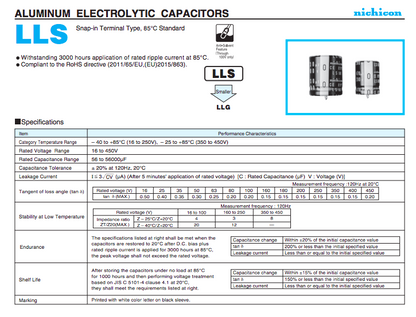 Nichicon Aluminium Electrolytic Capacitors LLS 6800uF 63V 85c Snap In
